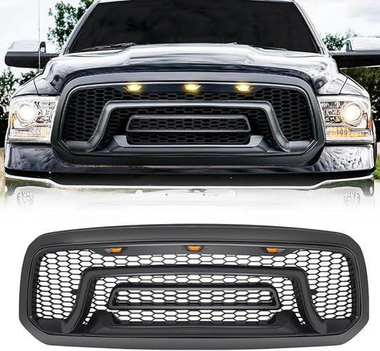 Front Grille Compatible with 2013-2018 Dodge Ram 1500, 2019-2023 Ram 1500 Classic, Bumper Grill with Amber Lights (NO "RAM" LETTER)