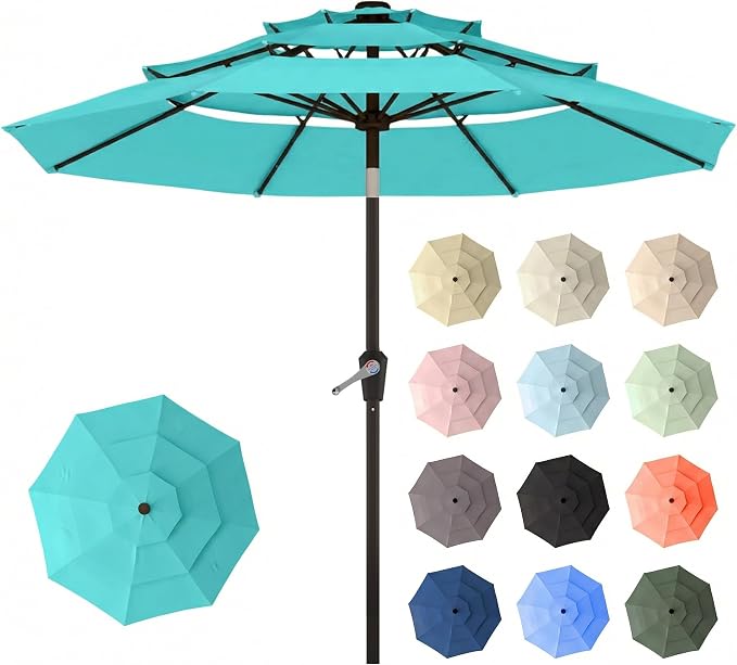 10ft Patio Umbrella, 3 Tier Outdoor Market Table Umbrellas with 8 Fiberglass Ribs and Push Button Tilt, Windproof, Vented Canopy, UV Protection for Deck, Pool, Backyard