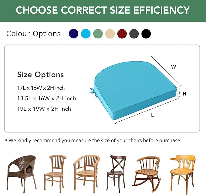 Outdoor Chair Cushions Set of 2: Waterproof & Fade Resistant Patio Furniture Cushions - 18.5 x 16 x 2 Inch Non Slip Round Corner Seat Cushion Pads with Removable Cover for Garden Yard Lawn, Teal