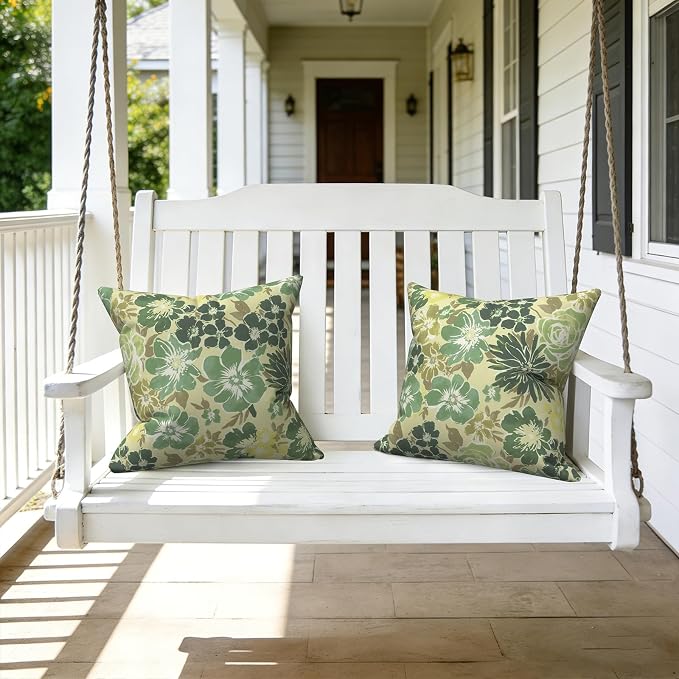 LVTXIII 2 Pack Outdoor Throw Pillow Covers for Patio Furniture, 16x16 Inch Square Pillow Case, Water-Repellent Cushion Covers for Garden, Porch, Sofa, Green Rose