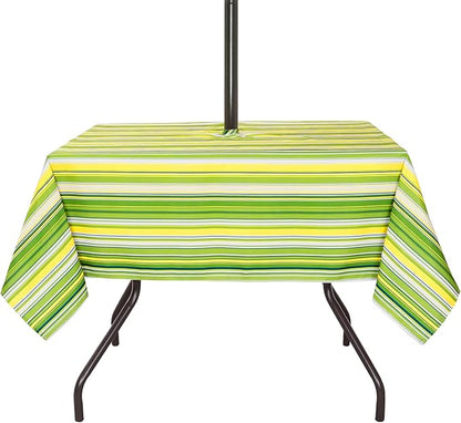 Poise3EHome Square Outdoor Tablecloth with Umbrella Hole and Zipper,Green Stripe 60x60 Inch,Polyester SpillProof Washable Table Cloth for Spring Summer Patio Garden Poolside Picnic Camping BBQS