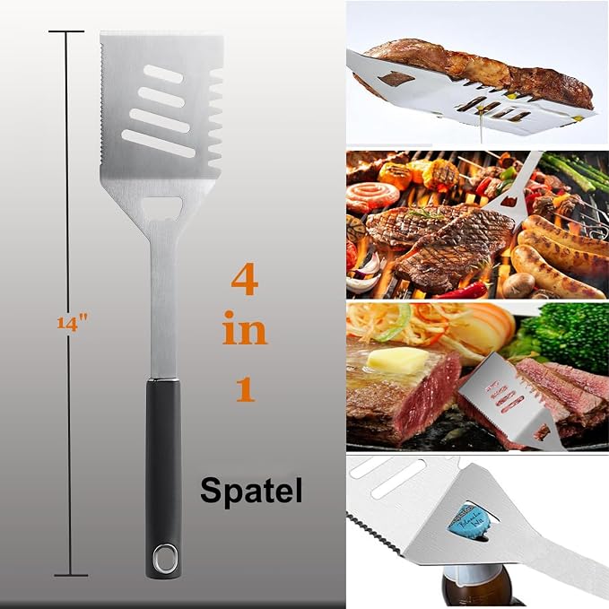 5PCS BBQ Tools Set, Heavy Duty Stainless Steel Grill Accessories with Spatula, Fork, Tongs & 2 Basting Brushes, Barbecue Utensils Kit with Carry Bag, Outdoor Grill Gifts for Dad Husband