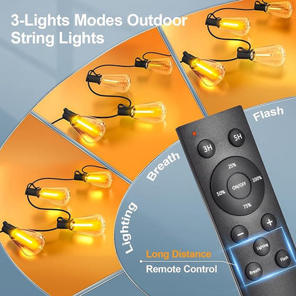 Outdoor String Led Patio Lights - 50Ft 15M Outside Waterproof Light With Remote Dimmable ST38 Shatterproof Bulb Connectable Hanging Outdoor Electric Lighting For Backyard Yard Gazebo Porch Party