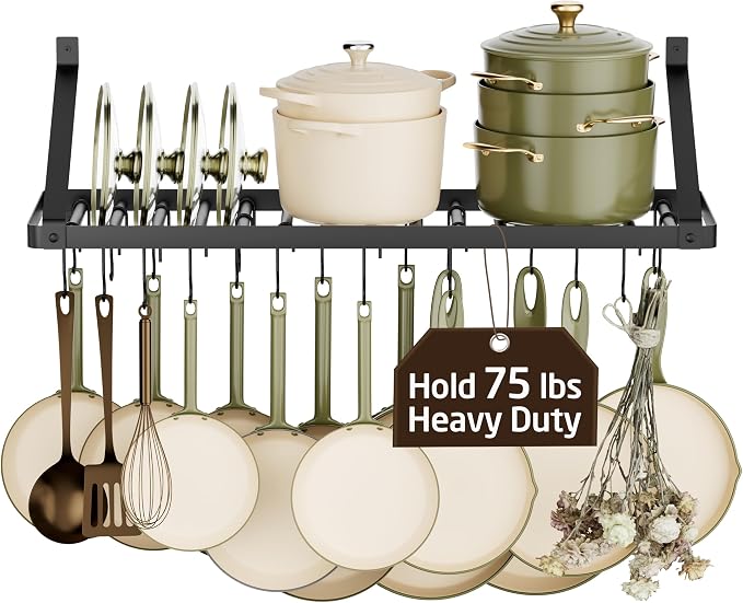 KES 75 lb High-Capacity Pot Rack Wall Mounted with Pot Lid Holder 34 Inch | Heavy Duty Pots and Pans Hanging Rack with 3X Thick One-Piece Frame & 20 Hooks, Drilling Template Provided, Matte Black