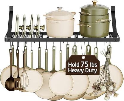 KES 75 lb High-Capacity Pot Rack Wall Mounted with Pot Lid Holder 34 Inch | Heavy Duty Pots and Pans Hanging Rack with 3X Thick One-Piece Frame & 20 Hooks, Drilling Template Provided, Matte Black
