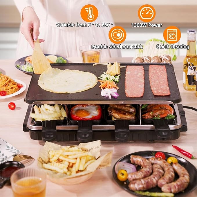 Raclette Grill for 8 — 1300W Tabletop Party Grill with 2-in-1 Reversible Non-Stick Plate | 8 Individual Cheese Pans & Spatulas | Korean BBQ + Cheese Grill | Adjustable Temp, Dishwasher Safe