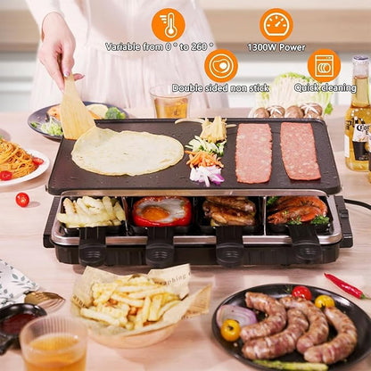 Raclette Grill for 8 — 1300W Tabletop Party Grill with 2-in-1 Reversible Non-Stick Plate | 8 Individual Cheese Pans & Spatulas | Korean BBQ + Cheese Grill | Adjustable Temp, Dishwasher Safe