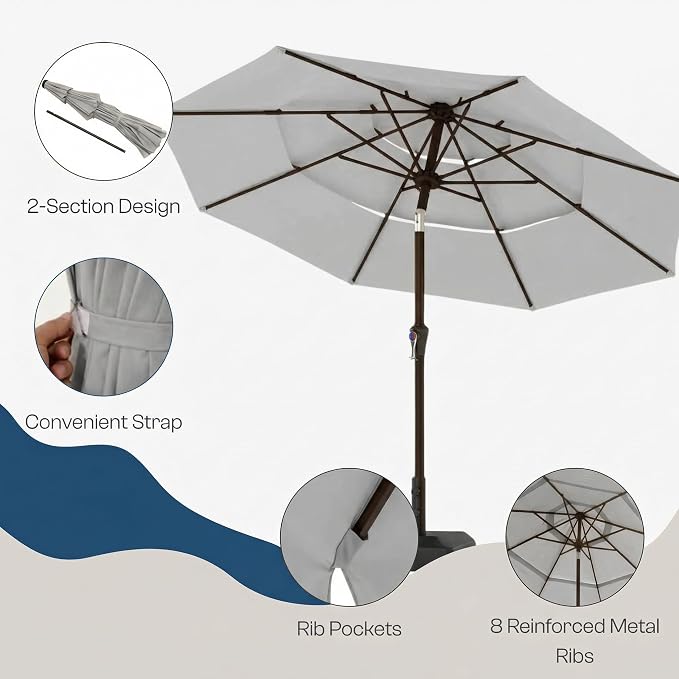 10ft 3 Tier Patio Umbrella, Outdoor Market Table Umbrella with UPF 50+ Vented Canopy, 8 Sturdy Ribs, Easy Push Button Tilt and Crank, Windproof for Deck, Pool, Backyard and Garden