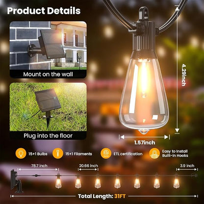 31FT Solar String Lights Outdoor Waterproof IP65 with USB-Charging , Solar Powered LED Patio Lights with 15+1 Shatterproof ST38 Edison Bulbs, Hanging Lights for Outside Backyard Garden Bistro Gazebo