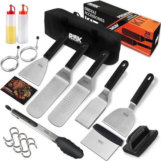 Blackstone Griddle Accessories Kit, RüK 20 PCS Flat Top Griddle Accessories Set with Anti-Scalding Long Handle Metal Spatula, Griddle Scraper, Cleaning Kit, e-Cookbook for Blackstone and Camp Chef