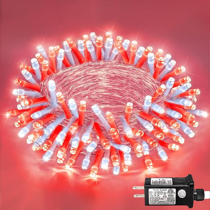 40FT 120 LED Outdoor String Lights, Red and White Christmas Lights Indoor | Plug in Waterproof 8 Modes Clear Wire Twinkle Fairy Lights for Bedroom Outside Patio Yard Xmas Party Holiday Decorations