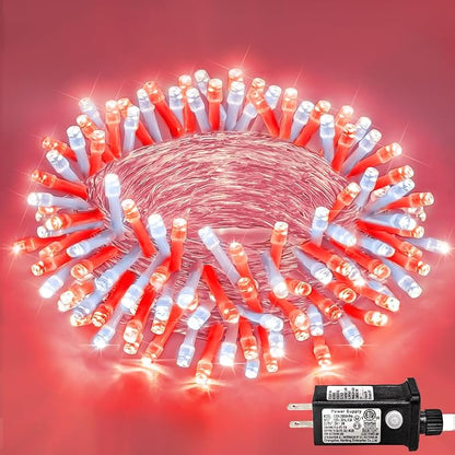 40FT 120 LED Outdoor String Lights, Red and White Christmas Lights Indoor | Plug in Waterproof 8 Modes Clear Wire Twinkle Fairy Lights for Bedroom Outside Patio Yard Xmas Party Holiday Decorations