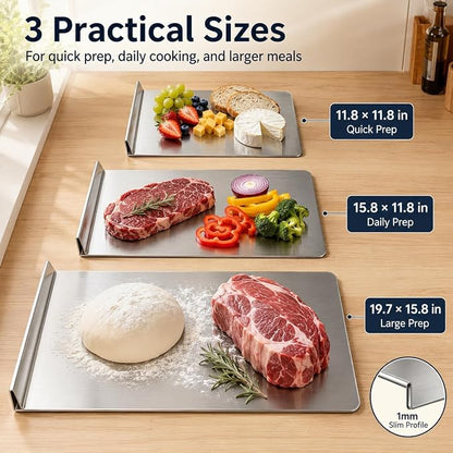 3-Piece Stainless Steel Cutting Board Set, L-Shape Lip for Dough & Meat | 3 stainless steel boards with L-shaped lip, brushed surface, 3 sizes for meat, veggies, dough & dishwasher cleanup.