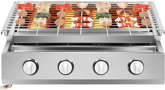 4-Burner Commercial Gas BBQ Grill, 2800Pa Adjustable Height Stainless Steel Patio Garden Barbecue Grill with Rotatable Connector Tabletop Smokeless Gas Grill for Camping, Gatherings and Outdoor