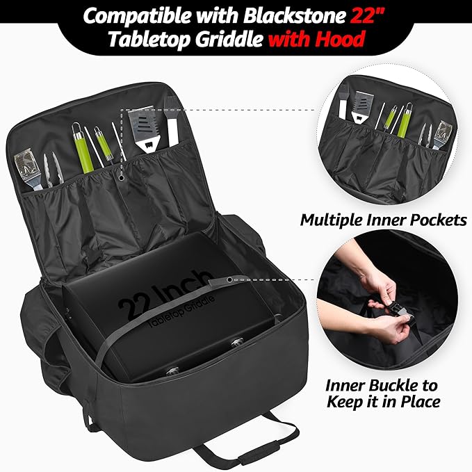 samdew Carry Bag for 22 Inch Tabletop Griddle with Hood, Outdoor Grill Cover Compatible with Blackstone 22 Inch Tabletop Griddle with Hood, Portable Camping Grill Storage Case with Pockets, Bag Only