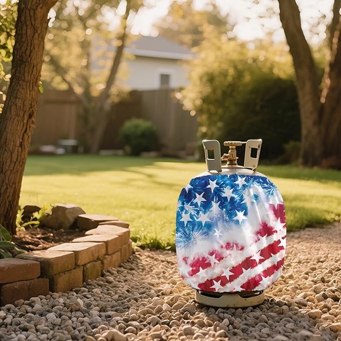 Propane Tank Cover 20 lb Patriotic American Flag Weather Resistant Gas Cylinder Polyester Blue Red 4th of July Decoration for Travel Trailer RV and Outdoor Use