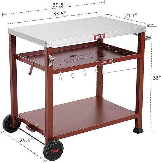 Feasto 3-Shelf Pizza Oven Table with 33.5" x 21.7" Stainless Tabletop, Outdoor Grill Cart with Tank Hook for Pizza Ovens & Griddles, Heavy-Duty Prep Station for Patio BBQ and Deck Parties, Coffee