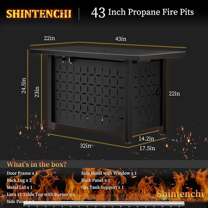 Shintenchi 43" Propane Fire Pit Table,50,000 BTU Rectangular Gas Fire Pit Table,CSA-Certified Steel 2-in-1 Multi-Use Propane Gas FirePits with Lid and Lava Rocks for Patio Garden Yard,Black