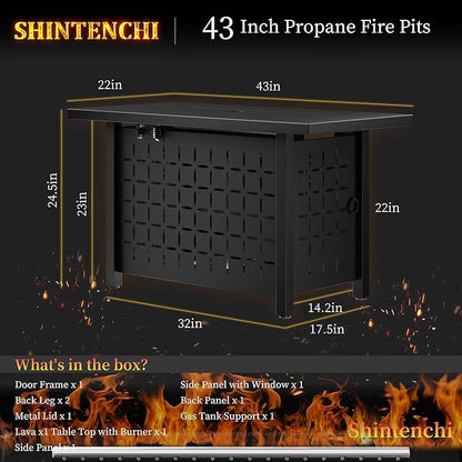 Shintenchi 43" Propane Fire Pit Table,50,000 BTU Rectangular Gas Fire Pit Table,CSA-Certified Steel 2-in-1 Multi-Use Propane Gas FirePits with Lid and Lava Rocks for Patio Garden Yard,Black