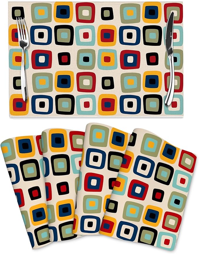 Mid Century Modern Retro Placemats Set of 4 Linen 12"x18" | Vintage Decorative Kitchen Table Mats for Dining Outdoor Holiday Party Farmhouse Home Decor Washable Place Mats