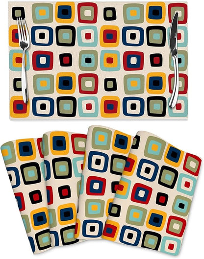 Mid Century Modern Retro Placemats Set of 4 Linen 12"x18" | Vintage Decorative Kitchen Table Mats for Dining Outdoor Holiday Party Farmhouse Home Decor Washable Place Mats