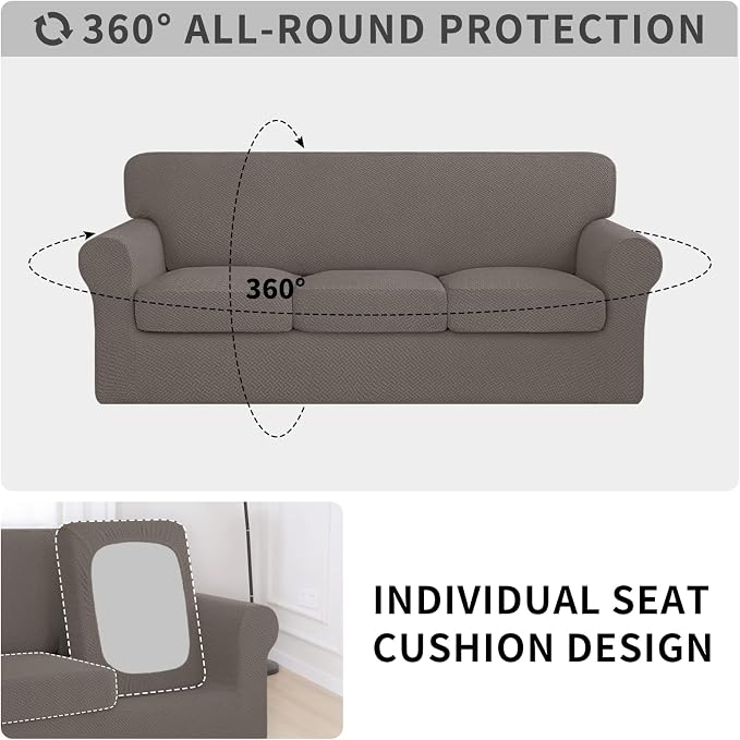 ISSUNTEX 3 Pieces High Stretch Thicken Loveseat Couch Covers, Soft Sofa Slipcover for 2 Separate Cushion Couch, Jacquard Fabric Elastic Sofa Cover Furniture Protector for Dogs (Loveseat, Taupe)