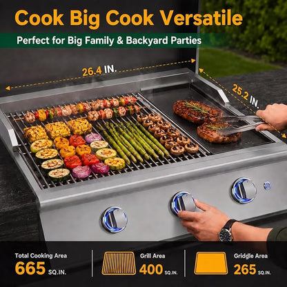 26 Inch BBQ Head Griddle Grill Combo for Outdoor Kitchen, Natural Gas Built-in Grills for Barbecue Island, 3-Burner, 3 * 15,000 BTU, Premium 304 Stainless Steel
