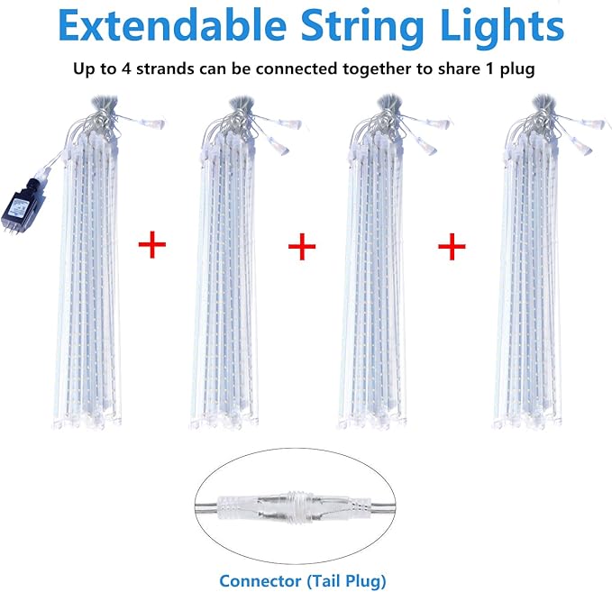 Aluan Christmas Lights Outdoor Meteor Shower Lights White 16 Inch 10 Tubes 360 LED Falling Rain Light Waterproof Snowfall Dripping Icicle Light for Xmas Tree Holiday Decoration Yard Porch Patio