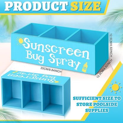 CroBlissful Sunscreen Bug Spray Storage Basket Blue Summer Wooden Box with 3 Compartments Toilet Tank Tray for Indoor Outdoor Swimming Pool Decor Sunblock Sunglasses Beach Pool Toy Storage Box