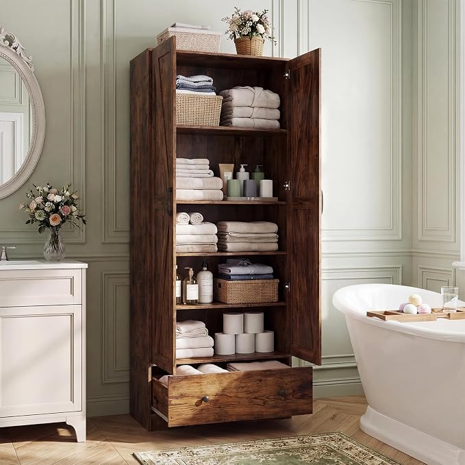 GIANTEX 72" Tall Kitchen Pantry Cabinet, Farmhouse Cupboard, Rustic Brown | Wooden Buffet Cabinet w/ 2 Doors, Drawer & Adjustable Shelf, Freestanding Versatile Storage Cabinet for Living Room Bathroom