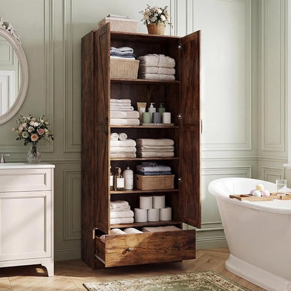 GIANTEX 72" Tall Kitchen Pantry Cabinet, Farmhouse Cupboard, Rustic Brown | Wooden Buffet Cabinet w/ 2 Doors, Drawer & Adjustable Shelf, Freestanding Versatile Storage Cabinet for Living Room Bathroom