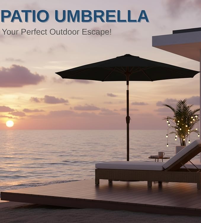 9FT Auto-Tilt Patio Umbrella|Outdoor Market Table Umbrella with 8 Fiberglass Ribs for Pool,Deck&Backyard