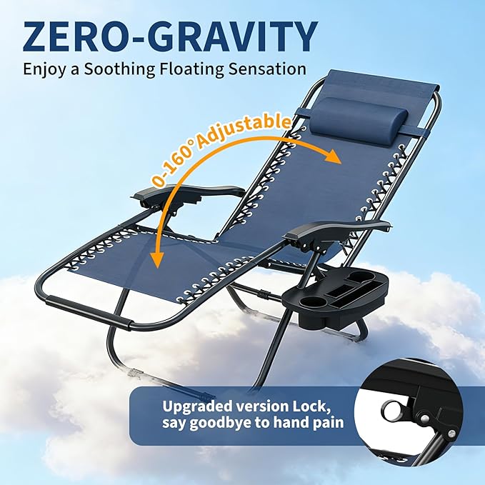 Garvee Zero Gravity Chair Set of 2, Patio Lounge Chair Outdoor with Pillow & Cup Holder Tray, Adjustable Reclining Chair, Folding Portable Camping Chair for Deck, Beach, Yard, Garden - Navy Blue