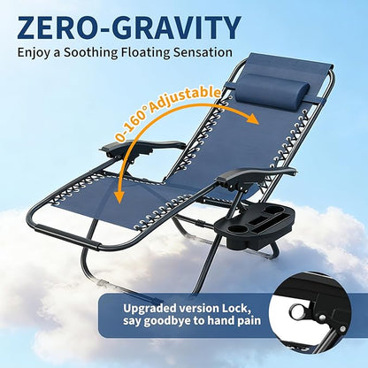 Garvee Zero Gravity Chair Set of 2, Patio Lounge Chair Outdoor with Pillow & Cup Holder Tray, Adjustable Reclining Chair, Folding Portable Camping Chair for Deck, Beach, Yard, Garden - Navy Blue