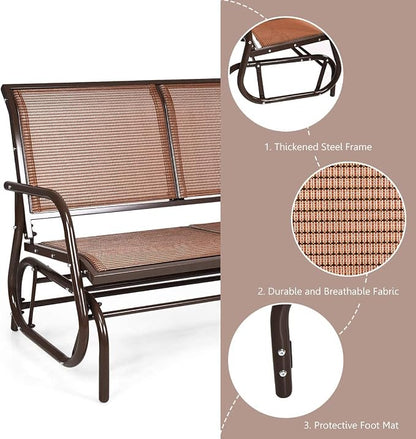Giantex Swing Glider Chair 48 Inch with Spacious Space, 2 People Lounge Cozy Patio Bench Outdoor & Indoor for Patio, Backyard, Poolside, Lawn Steel Rocking Garden Loveseat (Brown)