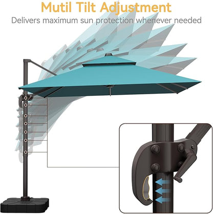 10x10 FT Patio Umbrella with Base, Large Cantilever Double Top Heavy Duty Offset Umbrellas with 360° Rotation, Outdoor shade for Garden Deck Pool, Turquoise