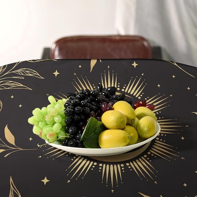 Sun Moon Tablecloth Vintage Boho Astrology Gold Celestial Star Galaxy Space Table Cloth Water Resistant Wipeable Table Cover for Picnic Party Holiday Kitchen Dinner Table 55"x55"