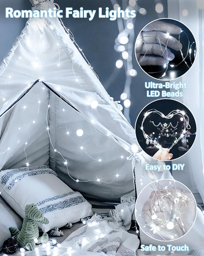 2 Pack 60 LED Fairy Lights Battery Operated with Timer, 20 FT Cool White | Cuttable Copper Wire, Waterproof Battery String Lights for Indoor Outdoor, Wedding, Bedroom, Home, DIY, Christmas Decorations