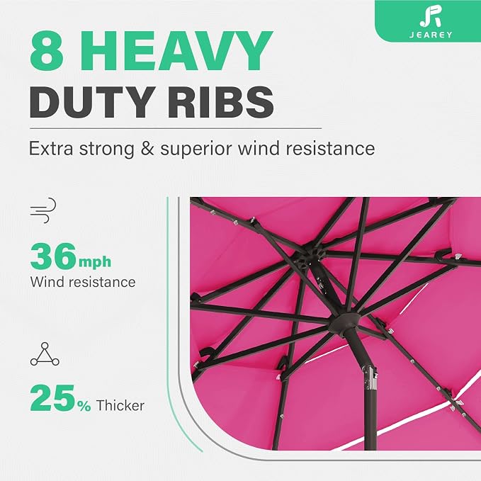 JEAREY 9 ft 3-Tier Outdoor LED Lighted Patio Umbrella w/Crank, Pink | Solar Market Table Umbrella with 8 Sturdy Ribs, UV Protection Waterproof Sunproof for Garden, Deck and Backyard