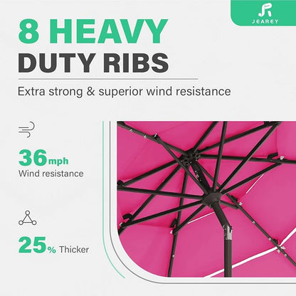 JEAREY 9 ft 3-Tier Outdoor LED Lighted Patio Umbrella w/Crank, Pink | Solar Market Table Umbrella with 8 Sturdy Ribs, UV Protection Waterproof Sunproof for Garden, Deck and Backyard
