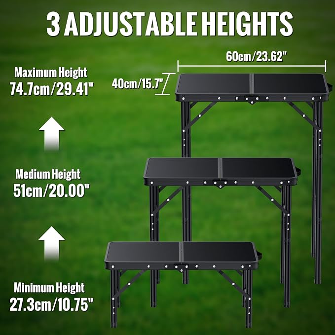 GARLLEN 2ft Folding Camping Table Max Capacity 66lbs, 3 Adjustable Height Picnic Table with MDF Tabletop, Portable Folding Tables for Camping, Travel, Picnic, BBQ, Threaded Install, 23.6" L x 15.7" W