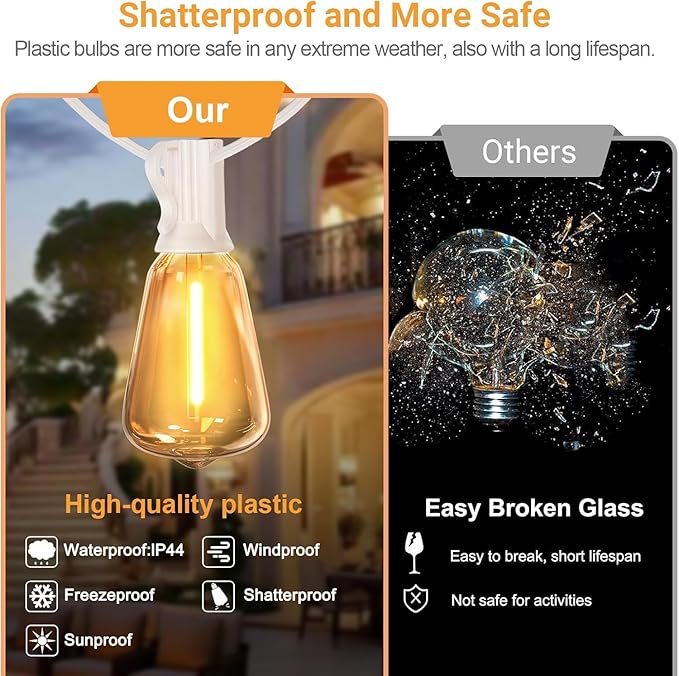 LAMPHOME 2-Pack 26FT Outdoor Patio Lights, 2700K Warm White String Lights，12+1 LED Waterproof Shatterproof Edison Bulbs, Dimmable with Timer for Garden Backyard Yard Hanging Lighting