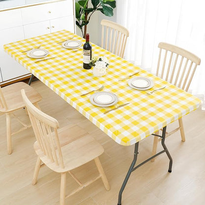 Smiry Rectangle Picnic Table Cloth, Elastic Waterproof Fitted Vinyl Tablecloths, Flannel Backed Buffalo Plaid Table Covers for Dining, Camping, Outdoor (White and Yellow, 24" x 48")