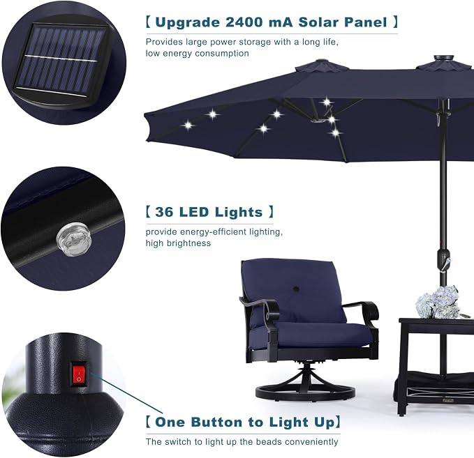 ABCCANOPY 15FT Solar LED Double-Sided Umbrella with Base, Navy Blue | Rectangular Outdoor Table Umbrella with Crank, Heavy Duty Market Umbrella Shade for Garden,Poolside, Lawn, Backyard