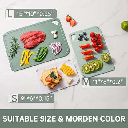 THETCHRY Plastic Cutting Board Set of 3-Cutting Boards for Kitchen BPA Free, Large-Small Chopping Boards Non-Slip for Cooking Camping Dishwasher Safe, Reversible, with Grip Handle, 15"×10"×0.25" Green
