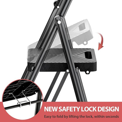 KINGRACK 2 Step Ladder, Folding Step Stool with Anti-Slip Pedals | Heavy Sturdy Steel ladder with Handrail, Safe-Lock Design, Multi-Purpose, Home, Kitchen, Pass 500lbs Load Testing, Black