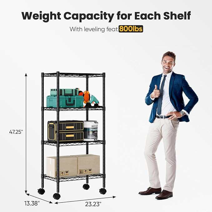 DUMOS 4-Tier Metal Storage Shelves, Wire Shelving, 23.2" W | Lockable Wheels, Adjustable Standing, Heavy Duty Steel Unit, Kitchen Bathroom Pantry Garage Organizers, 47.1"H