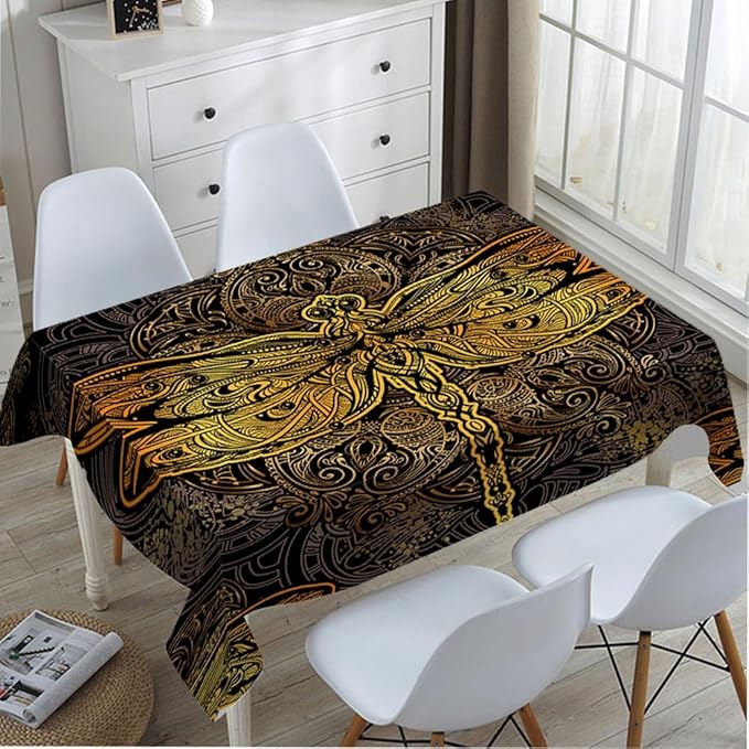 Golden Dragonfly Tablecloth 60x84 Inch Rectangular Vintage Boho Flower Textures Ornate Exquisite Wings Mystery Oblong Table Cloth Kitchen Table Decorations for Home Dinner Party