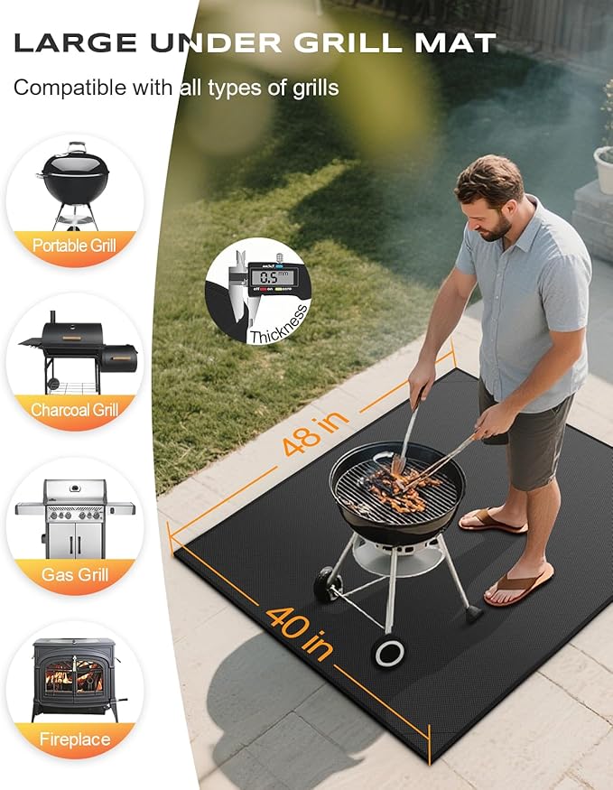 Non-Curl 48x40 inch Under Grill Mats for Outdoor Grill, Indoor Fire Pit Hearth Rugs for Fireplace, Double-Sided Fireproof, Oilproof & Waterproof BBQ Grill Mat, Easy to Clean,for Deck/Patio/Lawn