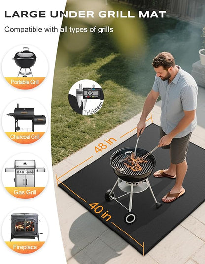 Non-Curl 48x40 inch Under Grill Mats for Outdoor Grill, Indoor Fire Pit Hearth Rugs for Fireplace, Double-Sided Fireproof, Oilproof & Waterproof BBQ Grill Mat, Easy to Clean,for Deck/Patio/Lawn